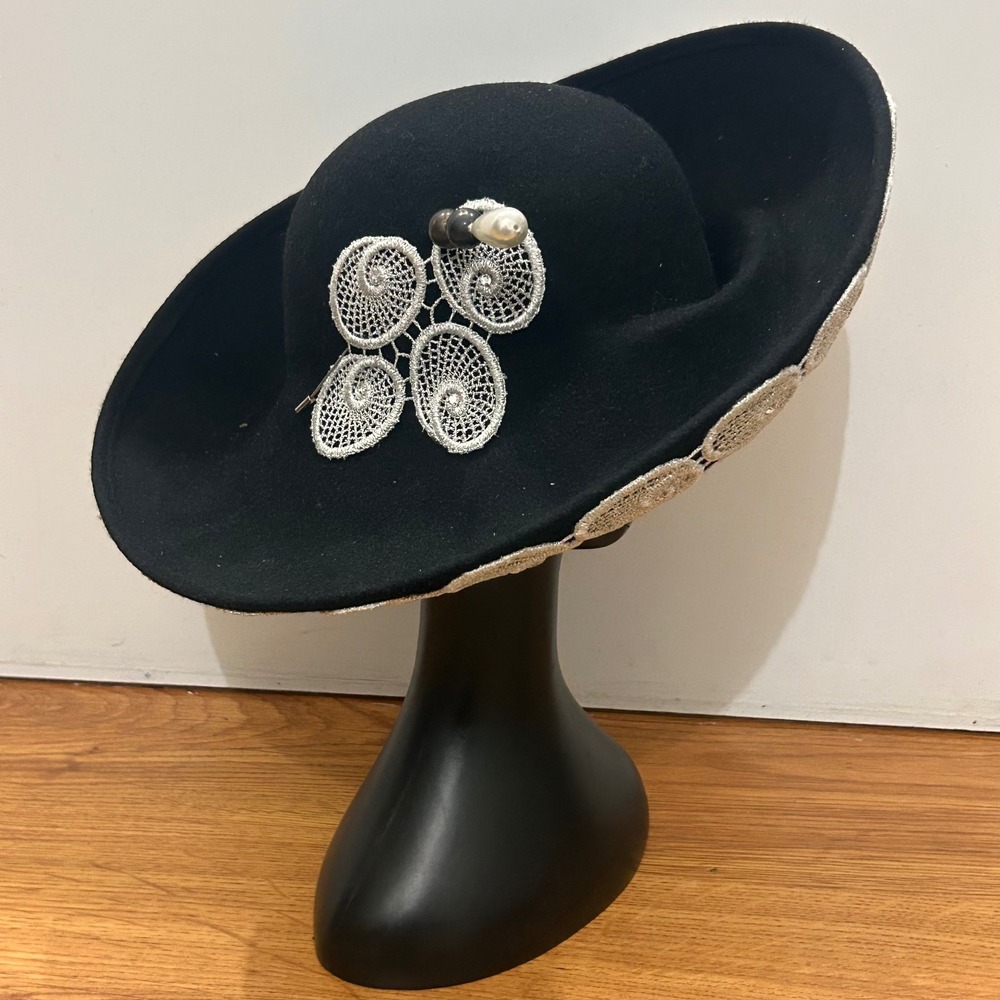 Vintage Mr. John Moderne Black Felt Wide Brim Hat Silver Lace Pearl Brooch